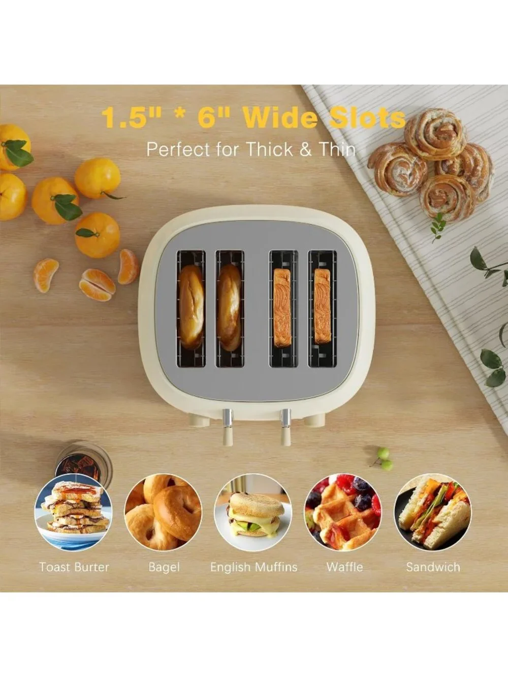 4 Slice Beige Defrost Retro Stainless Steel Extra Wide Slots Cancel Toaster